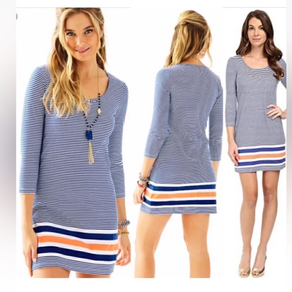 Lilly Pulitzer Beacon Navy Blue White Stripe Quarter Sleeve Mini Sleeve Dress. S